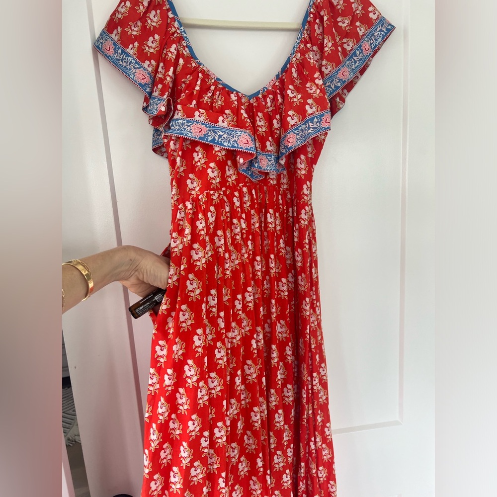 Floral Red Dress with Blue Accents